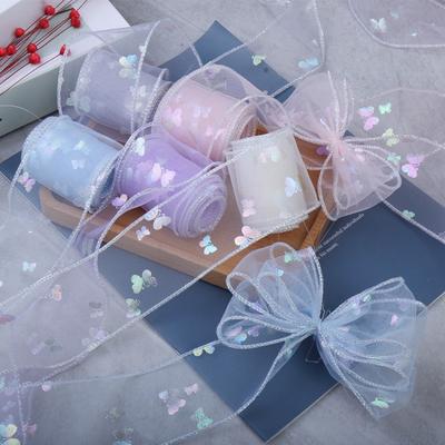 Breite 5cm Schmetterlingsdruck Transparentes Netzband Handgemachtes DIY-Materialpaket Haarschmuck Haarreifenherstellung Hochzeitstorten Dekoration Schleife Gazeband