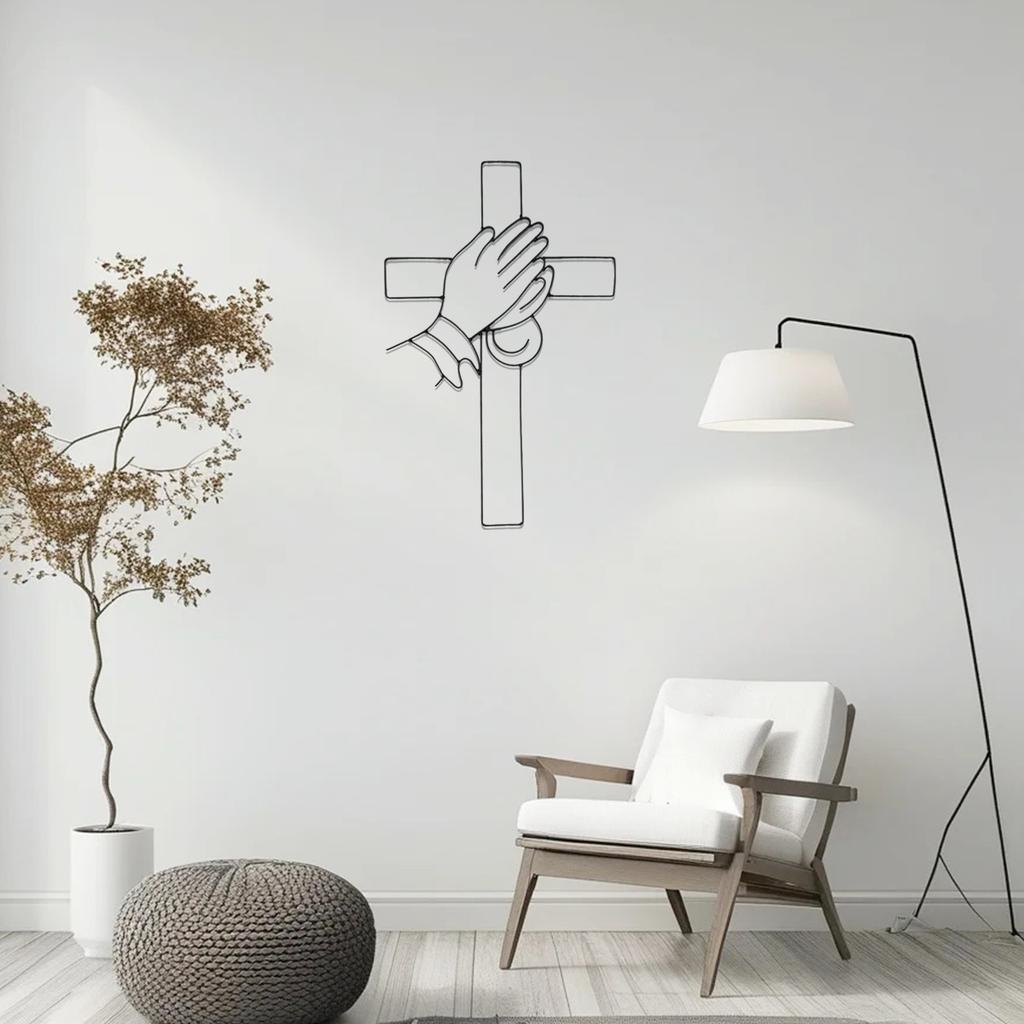 1Pc Praying Hands Cross Metal Wall Decor, Metal Wall Art, Cross and Hand Design Wall Decor, Modern Style Religious Wall Decor, Home Living, Home Decor