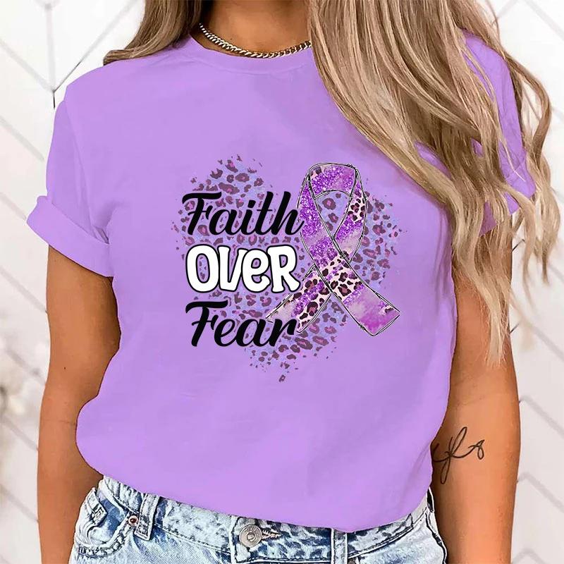 (High Quality T Shirt)Fashion Faith Over Fear Alzheimer'S Awareness Print Hip Hop Short Sleeve Women Summer Cool Casual tops