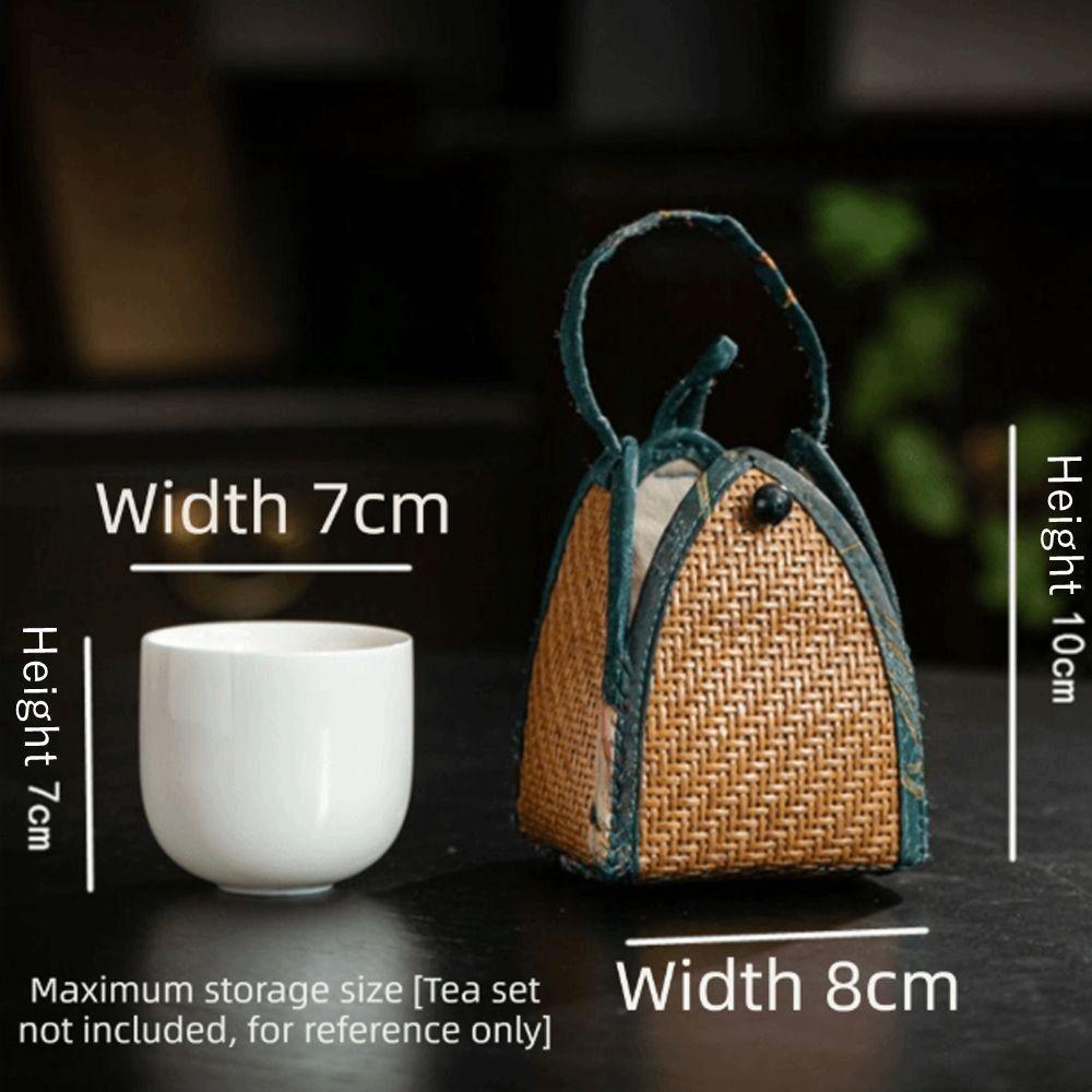 Handmade Spliced Drawstring Pocket with Handle Teapot Bag Rattan Pattern Storage Bag  For Small Cup