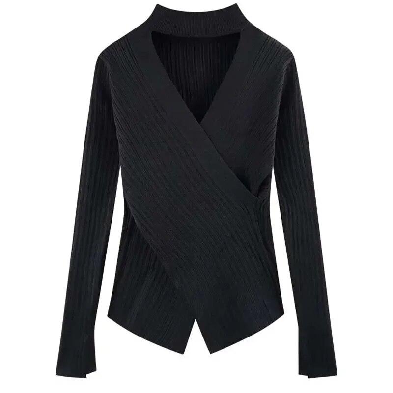 Černý Tenký Slim Halter Dutý svetr Dámské Pletený svetr s dlouhým rukávem Jednobarevné Sexy Ležérní Top Jarní Podzim tílko