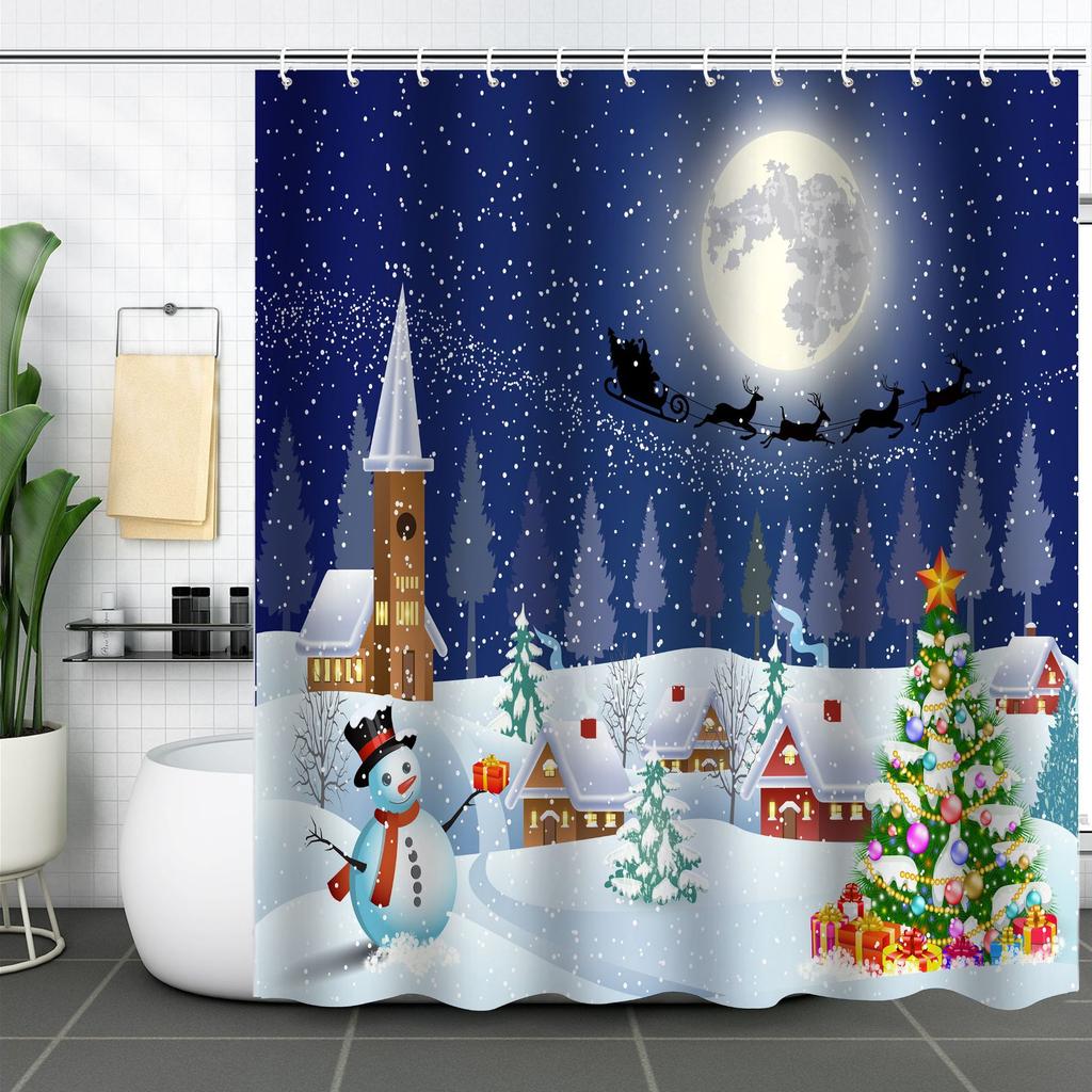 Best-Selling Christmas Digital Print Shower Curtain Waterproof, Includes Plastic C-Shaped Hooks