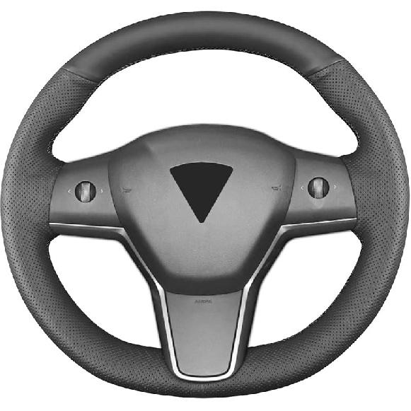 Hand Sewn Steering Wheel Cover,Fit For Tesla Model 3 2017-/Model Y -,Non-Slip Breathable Microfiber Leather Steering Wheel Cover On Wrap Car Interior