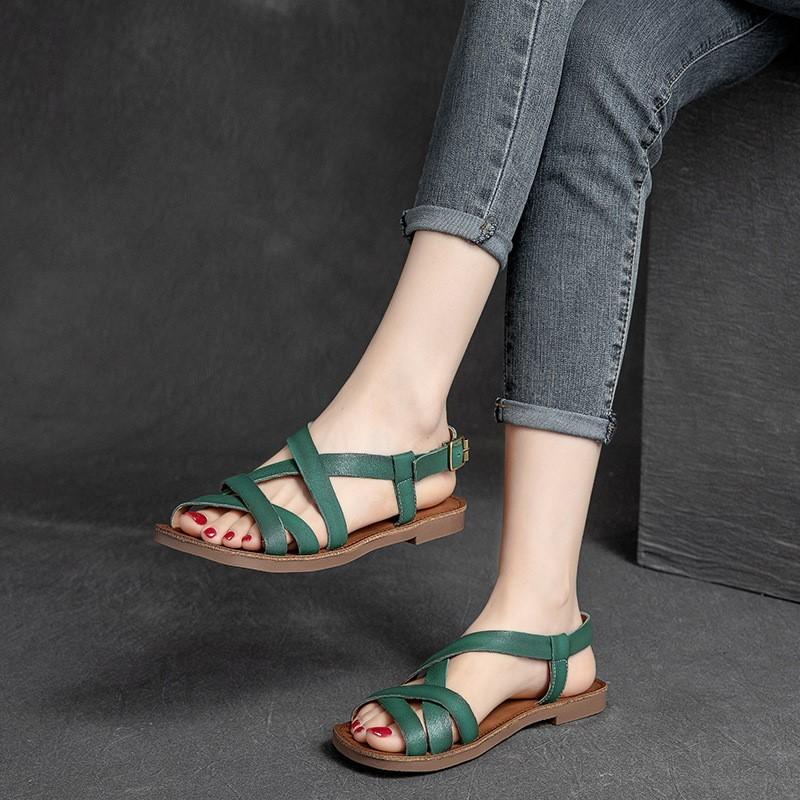 Simple Genuine Leather Flat Sandals Casual Solid Color Soft Sole Comfortable Versatile Women Shoes