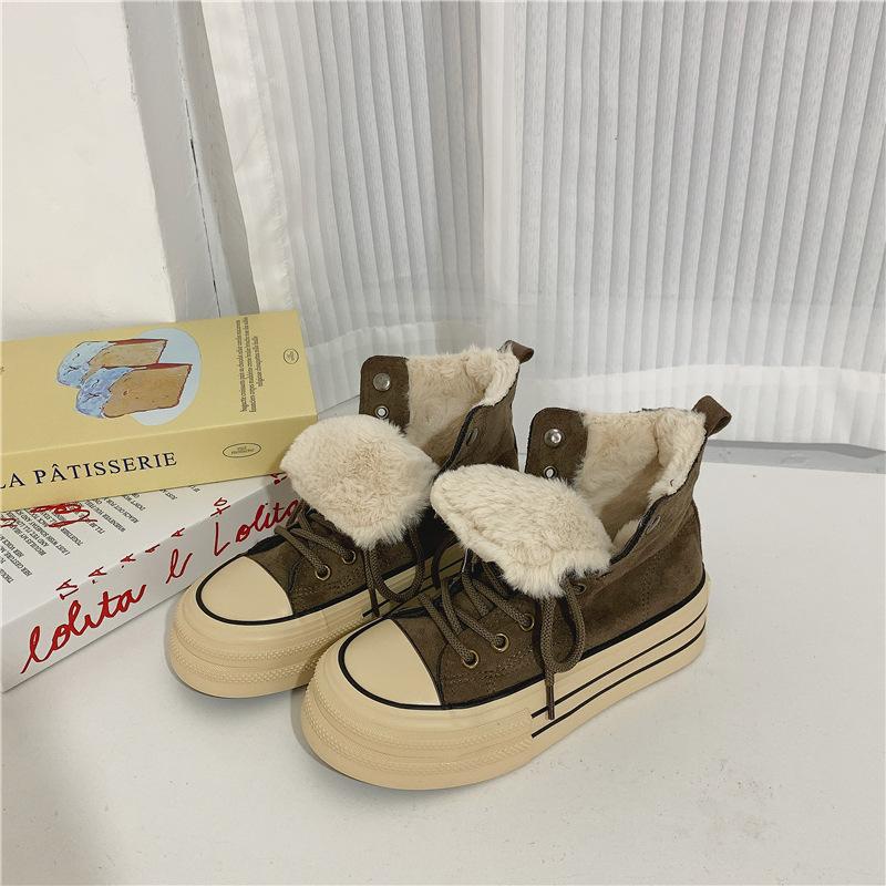 Fashion Korean High Top Sneakers for Men Classic Black White Version Ankle Boots for Women Thick Sole Trend Velvet Canvas Shoes