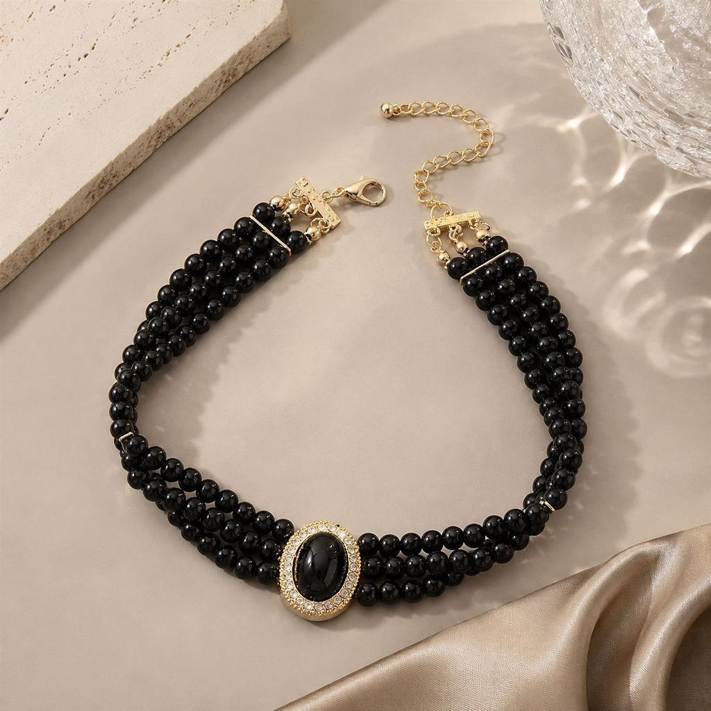 European and American black multi-layer pearl necklace retro court gothic collarbone chain women's banquet wedding season jewelry