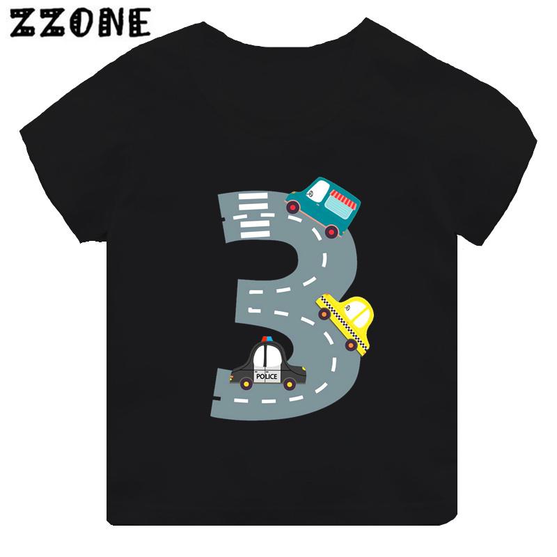 Hot Sale Different Car Print Funny Boys Clothes 1 2 3 4 5 6 7 8 9 Years Birthday Number Cartoon Kids T shirt Baby Girls TShirts