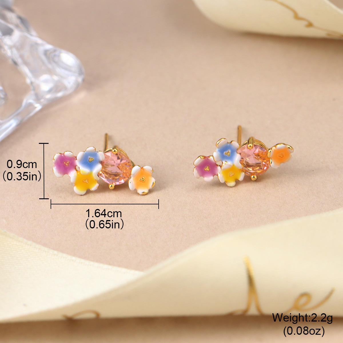 Personalized color small flower jewelry three-dimensional flower stud earrings Mori enamel dripping oil niche pearl fringed earrings summer