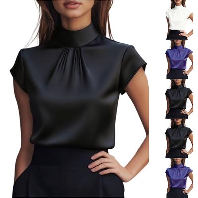 Fashionable Women's Satin Short,sleeved Shirt With Pleated Design