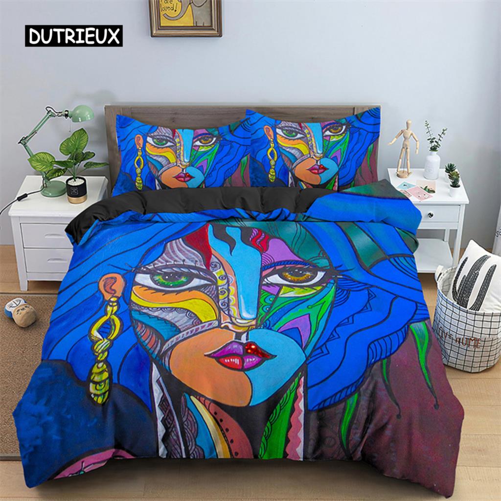 Abstrakte menschliche Gesichter Bettbezug Twin Full King Double Mikrofaser Mystische Kunstwerk Bettbezug Psychedelische Graffiti Bettwäscheset