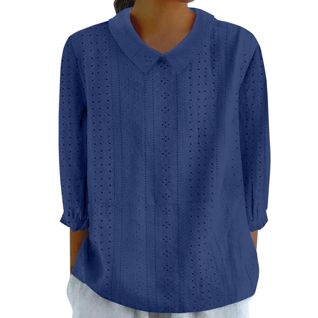 Autumn 2025 Solid Color Loose Lapel Top - Women's Three-Quarter Sleeve