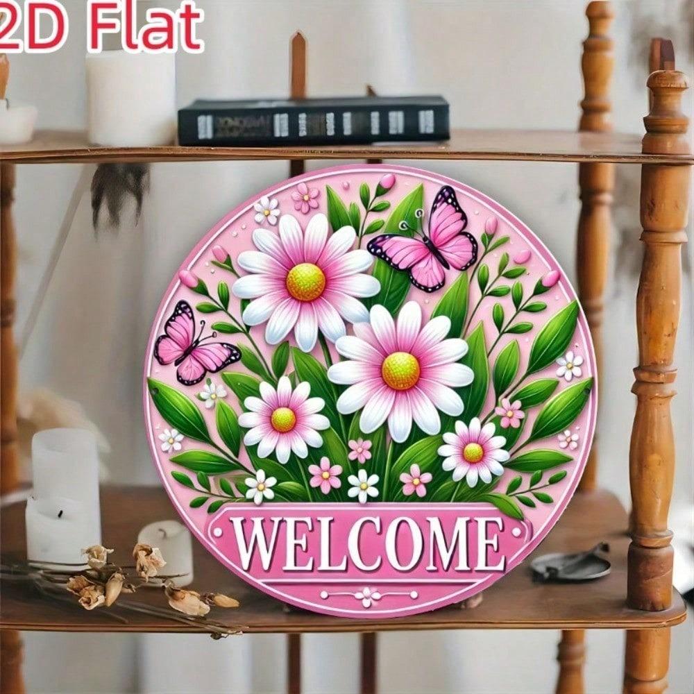 Pink Daisy Butterfly Round Metal Wall Art Decor 8x8 Farmhouse Garden Hanging Plaque