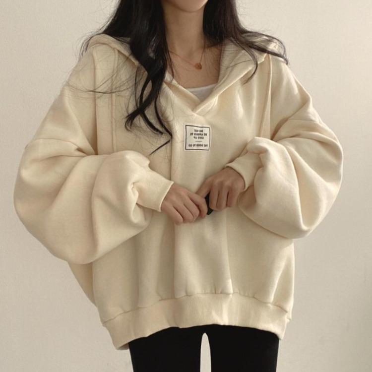 Women Loose Fashion Drop Shoulder Hooded Sweatshirt Top Large Size Solid Color Patch