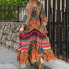 V-Neck Lantern Sleeve Pleated Maxi Dress Retro Ethnic Print Large Hem Beach