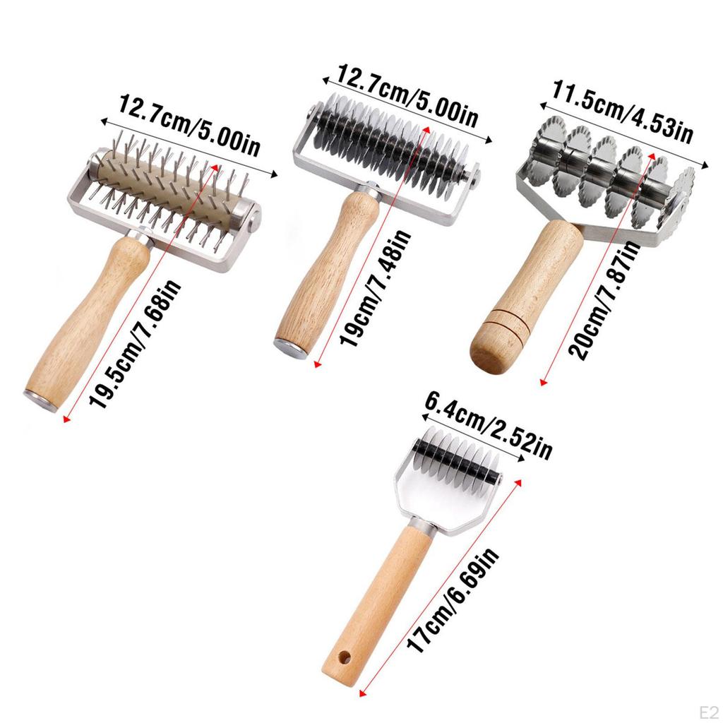 4Pcs Lattice Roller Pastry Cutter with Wood Handle Docker Rolling Noodle for Household Home Cafe