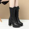 Women Mesh Fashion Black High Heel Platform Boots Spring Summer Modern Comfortable Soft Leather Thick Sole Mid Calf Boots