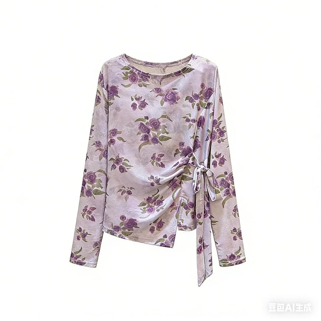 Vintage Floral Long Sleeve T Shirt With V Neck For Casual And Office Wear