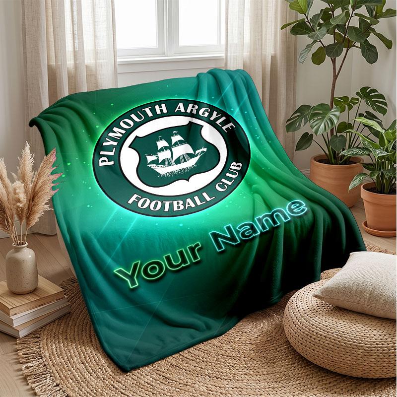 Plymouth Argyle FC Custom Name Text Flannel Blanket Soccer Logo Personalized Fleece Throw Blanket Special Gift For Sofa Bedroom Home