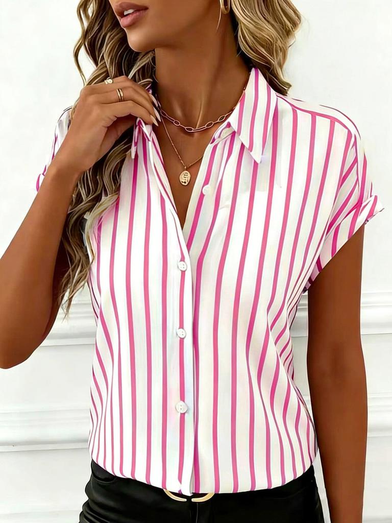 Striped Blouse For Women With Polyester Fabric Short Sleeve Office Style For Spring 2026