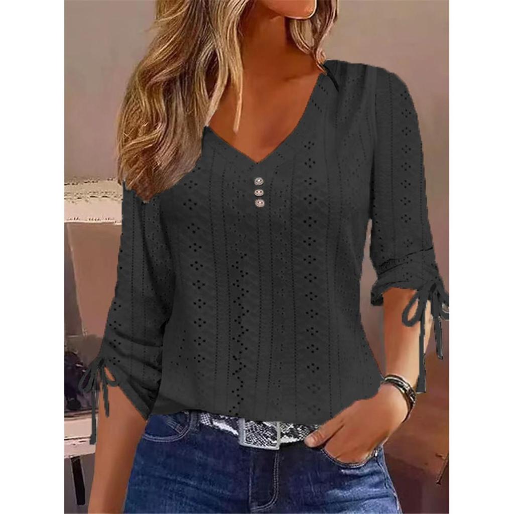 Women's Solid V-Neck Jacquard Button-Down Long Sleeve T-Shirt