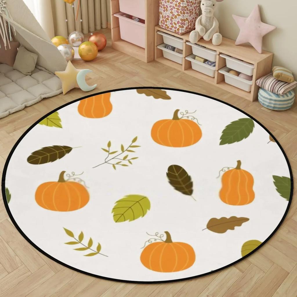 Fall Pumpkin Round Rug for Bedroom Thanksgiving Decor Circle Non Slip Carpet Maple Leaves Floor Mat for Bath Living Room Kitchen