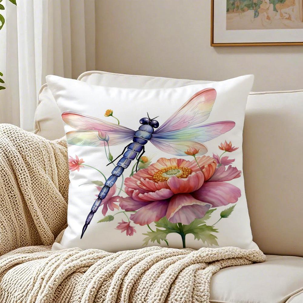 Watercolor Dragonfly And Flower Pillow Case Organic Short Plush Cushion Covers Breathable Washable WrinkleResistant