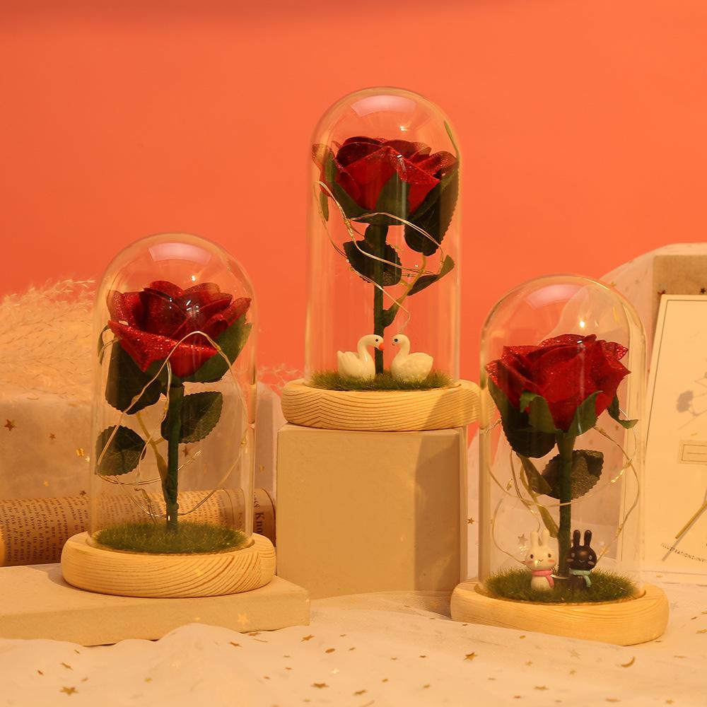 Immortal Rose Night Light with Gold Powder In Glass Dome – Qixi Festival Floral Ornament