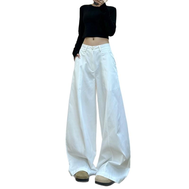 Womens White Wide Leg Trousers High Waist Loose Fit Casual Pants Vintage Relaxed Style