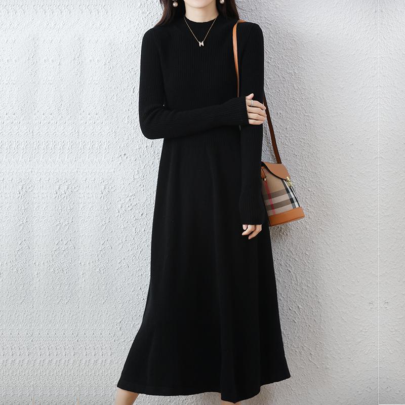 Autumn and winter knitted bottoming sweater skirt women's super long slim slim slim pullover long dress covering the stomach long sleeve dress