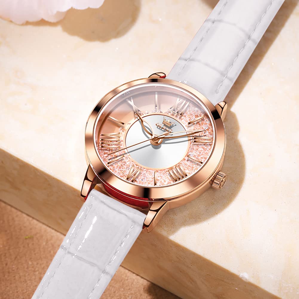OLEVS Watch Rose Gold Dial with Quicksand Quartz White Women's - Popular, Cute, Sparkling, Diamonds, Movement, Waterproof, Luminous, Gift,
