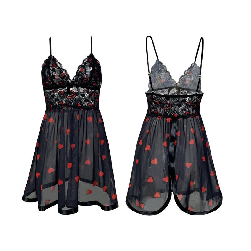 Sexy Sheer Heart Print Pajamas Lace Cami Nightgown Romantic Women's Loungewear 877 Sweet Seductive Sleepwear Featuring a Cute Heart Print