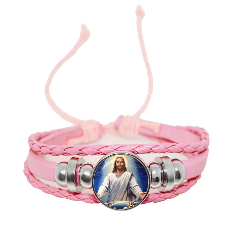 Virgin Mary Baby Jesus Christian Catholicism Jewelry Black Button Leather Bracelet Blessed Mother Religious Glass Cabochon Gift