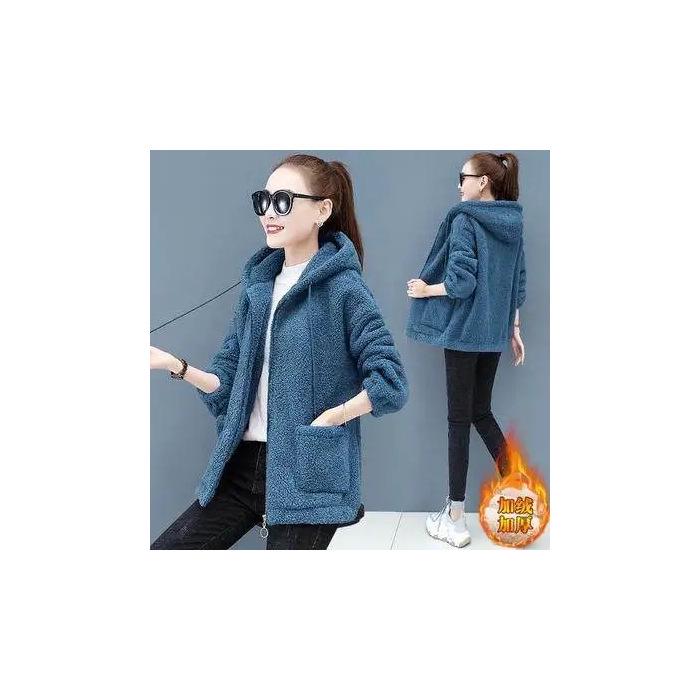 

Женский кардиган на молнии из толстого флиса из овечьей шерсти 2023 - Осень/Зима Корейский стиль 4XL синий