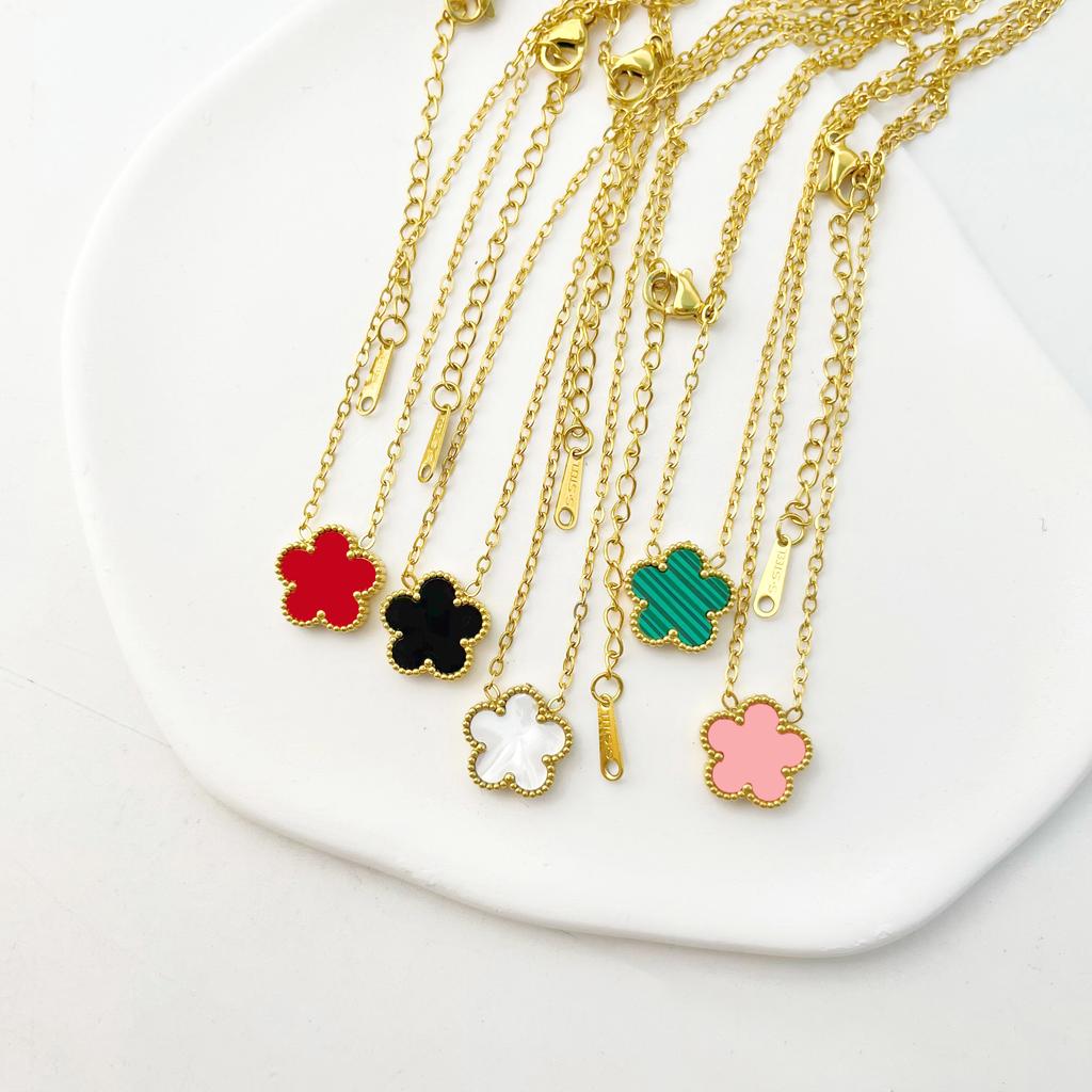 ALTERA 2Pcs Luxury 5 Leaf Flower Pendant Necklace Earrings for Women Gift Fashion Stainless Steel Double Side Clover Zircon Set