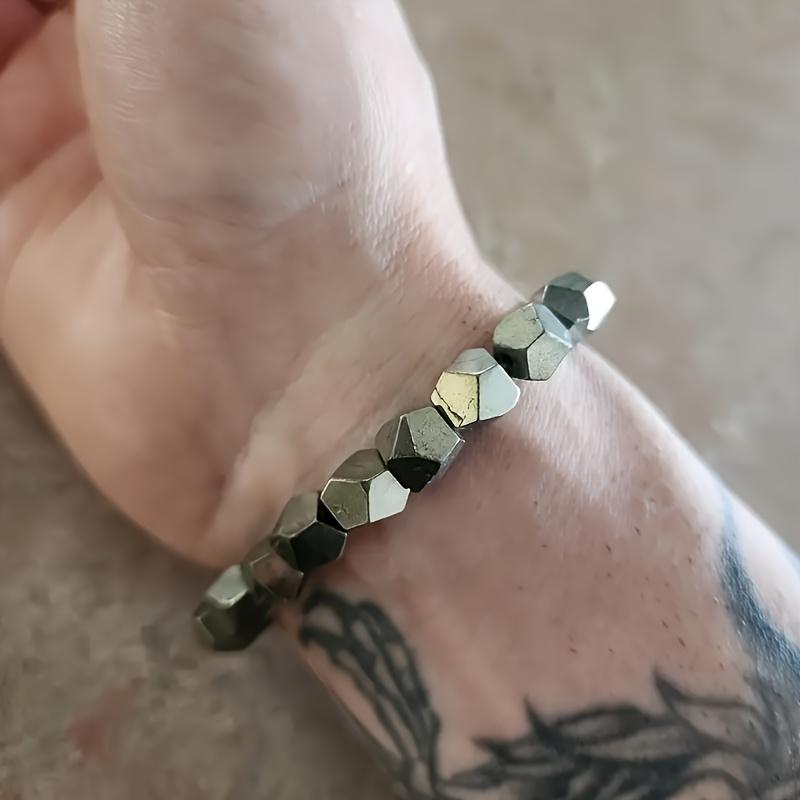 1 stk. Naturlig Pyrit (Siderit) Håndlavet Perle Armbånd med Lykke og Beskyttelse - 8mm Rombus Smykker