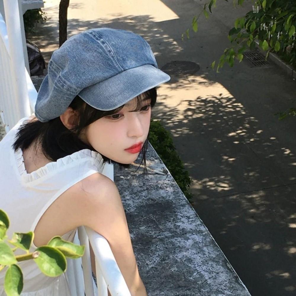 British Style Denim Octagonal Hat Head Circumference Newsboy Cap Casual Cloud Hat  Girl