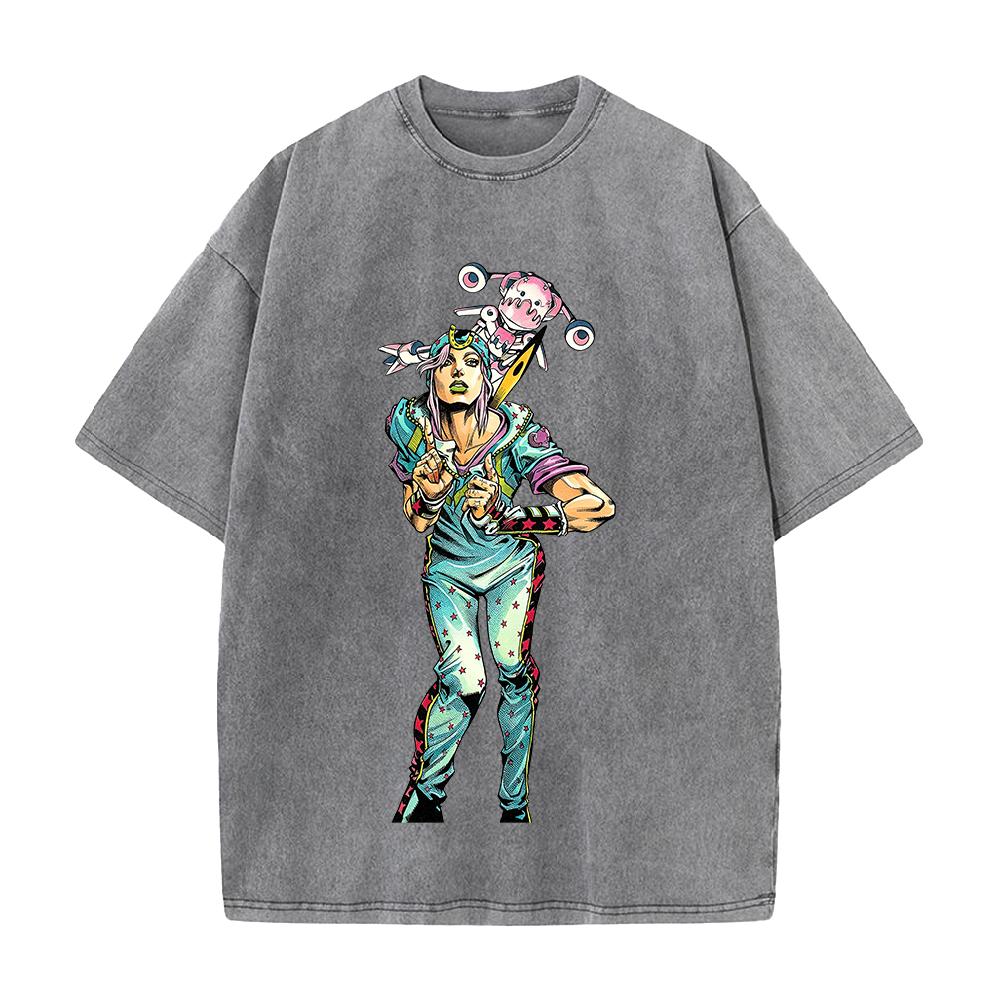 JoJo's Bizarre Adventure Johnny Joestar Tusk Print T Shirt Men Women Clothing Oversized Tshirt Vintage Washed Cotton Streetwear