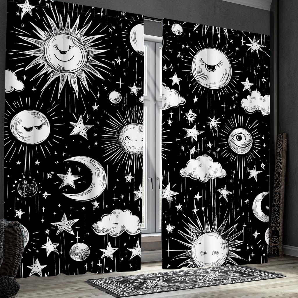 2pcs Classic Mystic Witch Polyester Curtains   Boho Sun Moon Star Mandala Print   Black and White Bedroom Decorative Drapes   for H