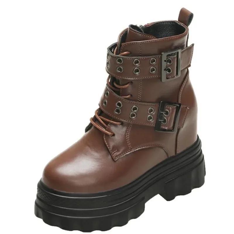 Fashion 11CM Women's High Platform Motorcycles Boots Winter Wedge Heels Ankle Boots Chunky Sneakers New Autumn Leather Punk Shoes Woman