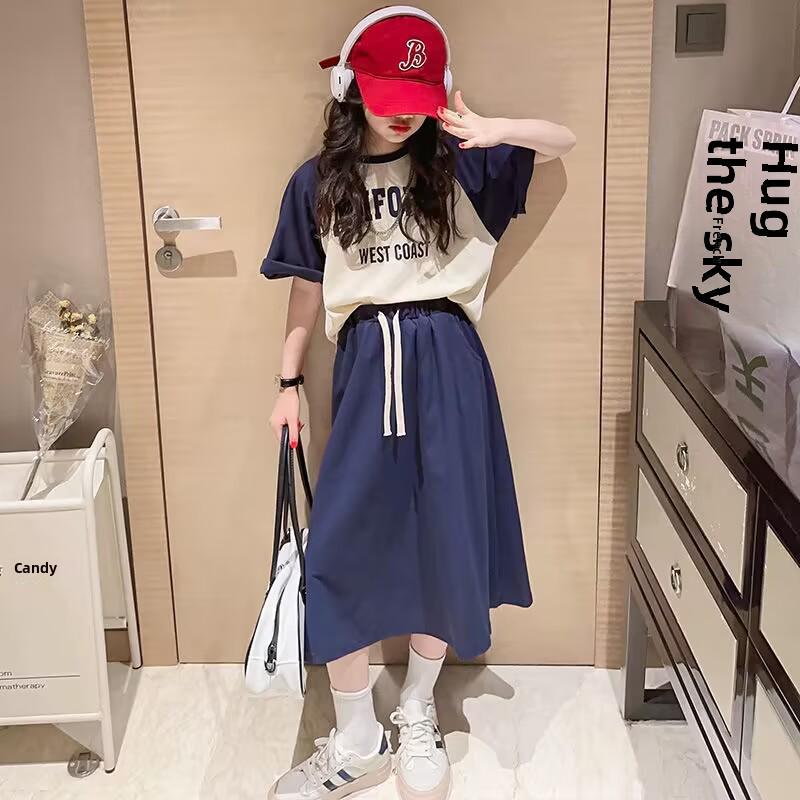 

Летний комплект из двух частей в корейском стиле для девочек: Комплект из футболки с короткими рукавами и юбки 140 cm тёмно-синий