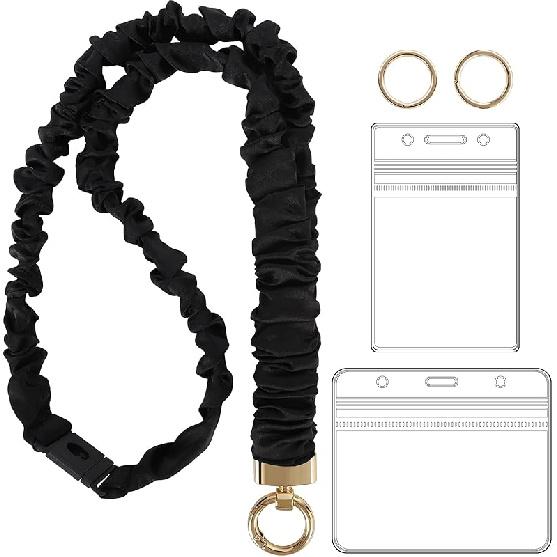 Breakaway Scrunchie Lanyard with Id Holder, Stretchy Teacher Lanyards for Id Badges Keys, Black