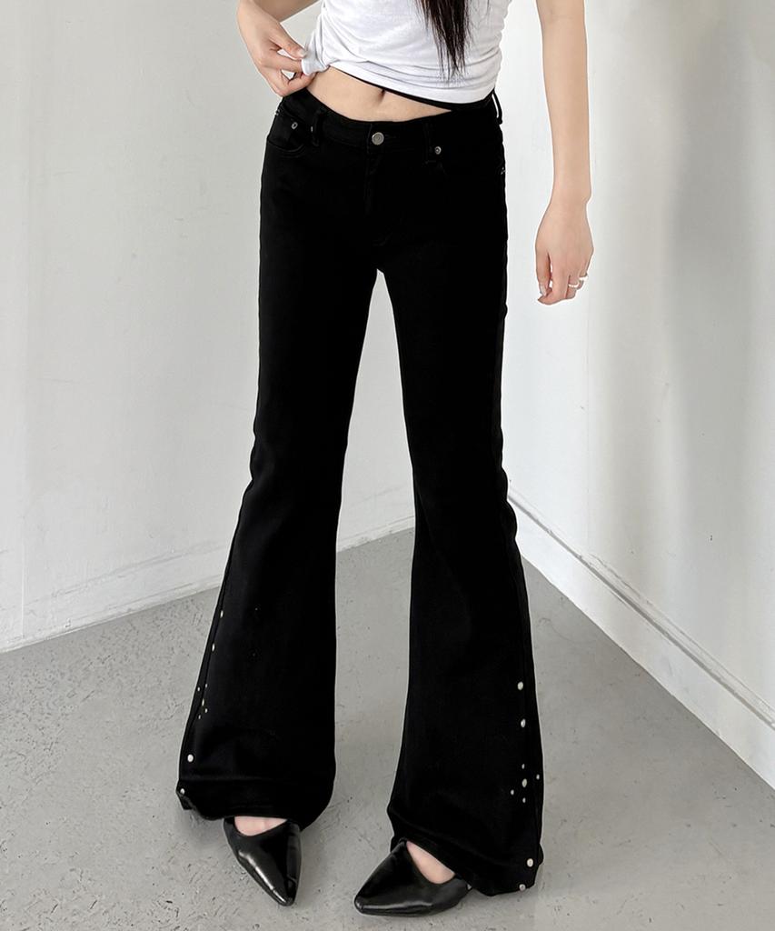 Millieonkoleu Studded Black Slim Cotton Bootcut Pants