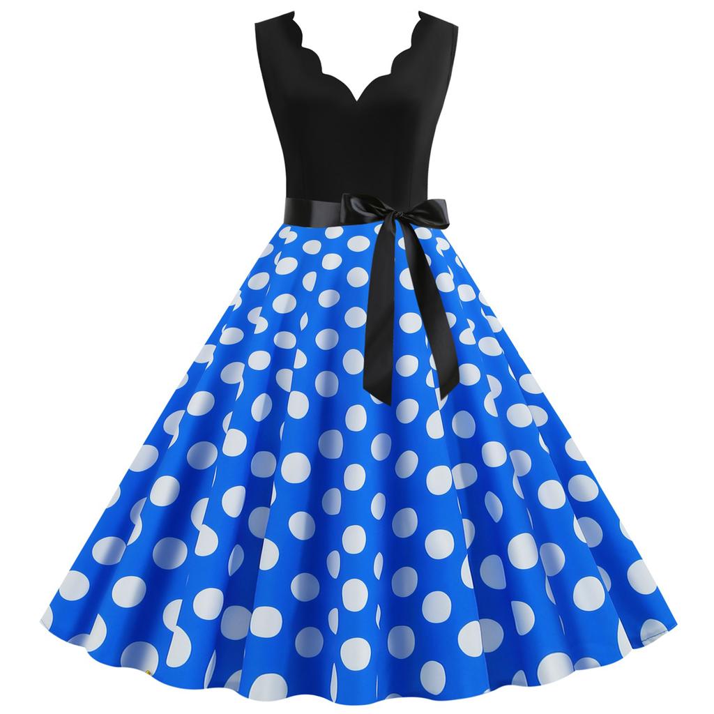 Women's Retro Wave V-Neck Sleeveless Patchwork Polka Dot Printed Large Skirt Dress