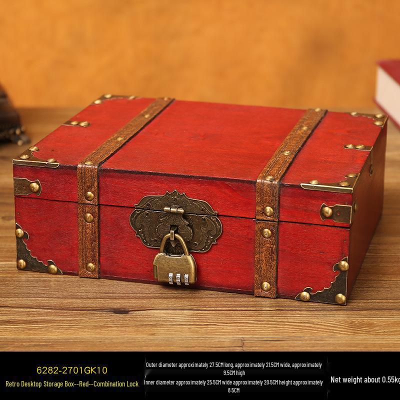 Retro Wooden Rectangular Storage Box Set with Lock - Creative Organizer & Decorative Props