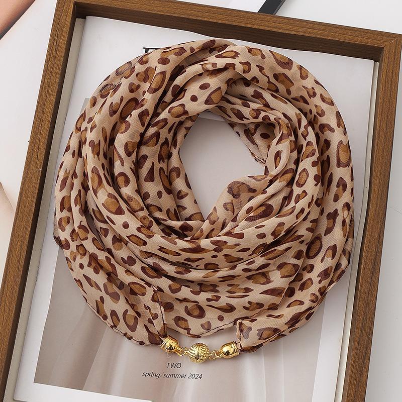 Women Korean Style Leopard Print Magnetic Buckle Scarf Thin Triangle Neck Kerchief Versatile Decorative Neck Scarf for Spring Autumn