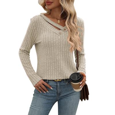 Women's Autumn Winter Loose Casual V-neck Button Up Top with Pit Stripe T-shirt for Women Shirt