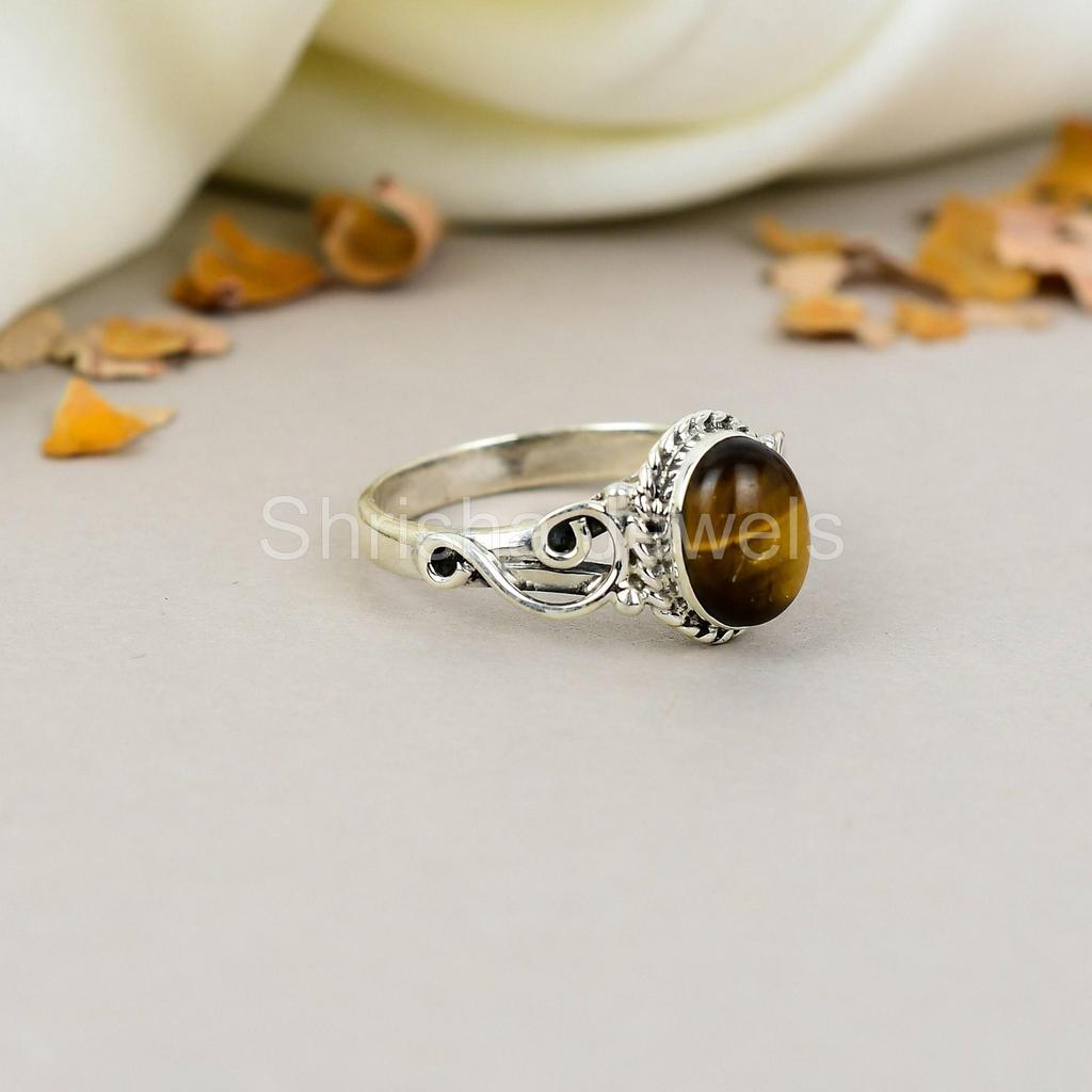 925 Sterling Silver Tiger Eye Gemstone Oval Shape Brown Ring For Women