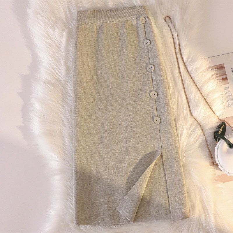 

Трикотажная юбка средней длины для женщин на осень и зиму, универсальная юбка с высокой талией и разрезом, юбка А-силуэта, облегающая бедра L