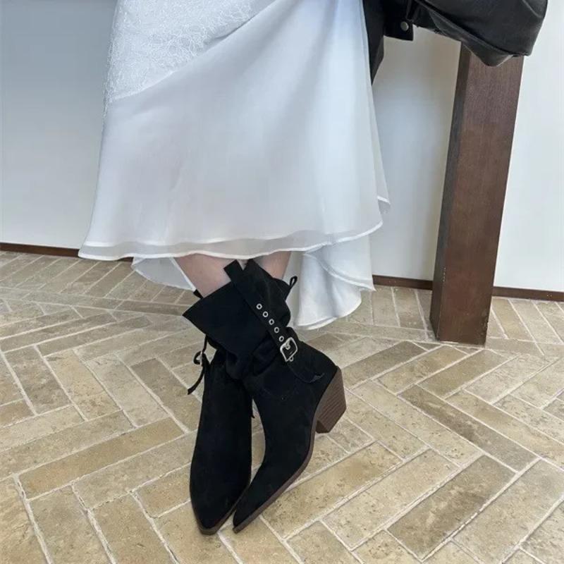 French Style Knee High Boots Women's Pointed Toe Medium Heel Boot Autumn Winter 2025 New Arrival Belt Buckle Design