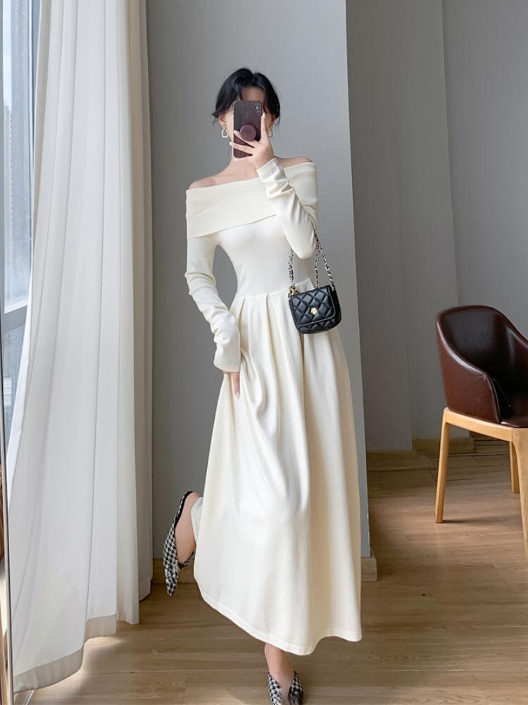 Sexy Off Shoulder One Piece Dress Women's New Solid Elegant Slim Knitted Long Dresses Korea Chic Designer Casual Party Clothing